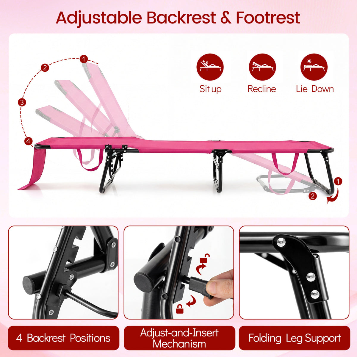 Set of 2 Folding Face Down Tanning Chair with Face Hole 3 Removable Pillows-Pink