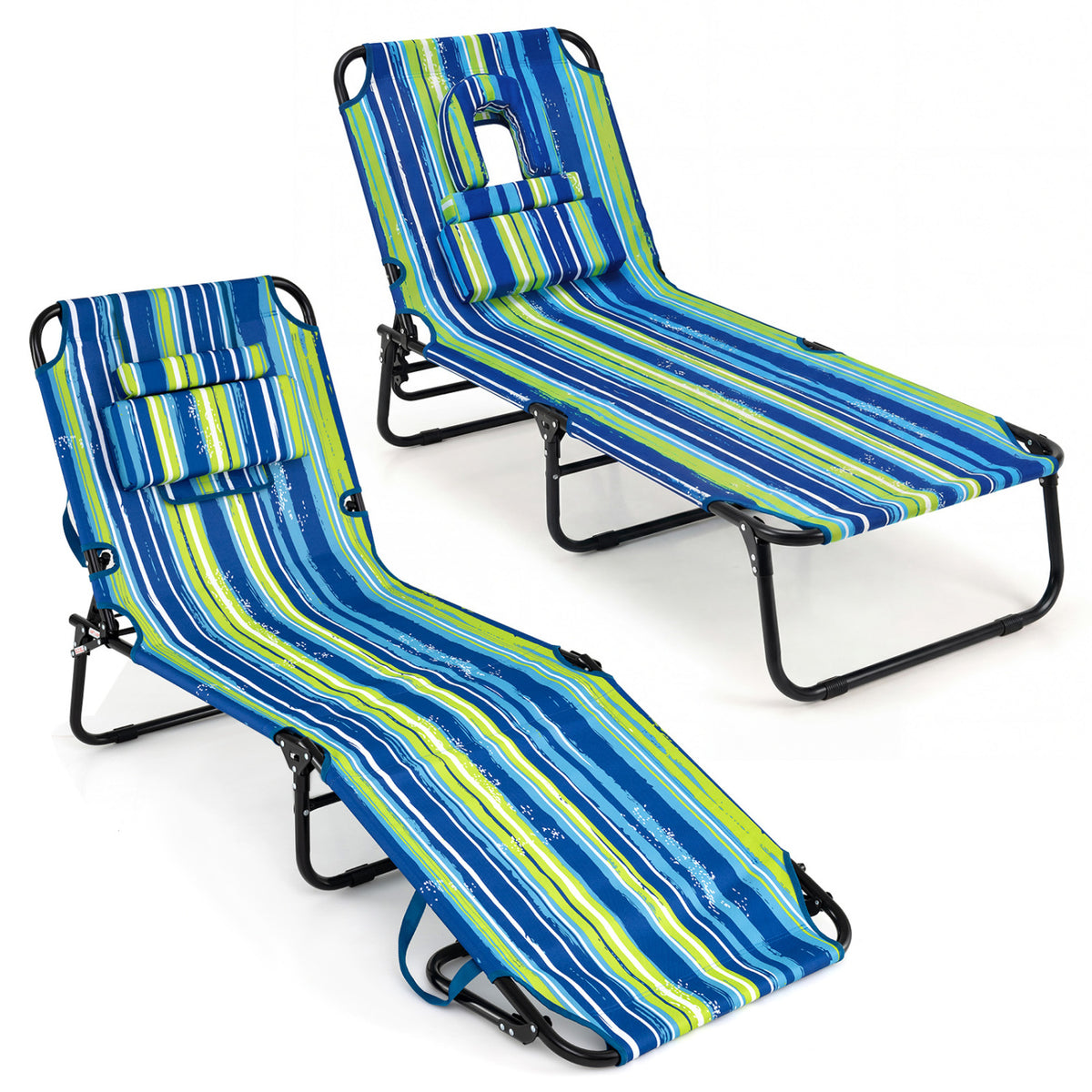Set of 2 Folding Face Down Tanning Chair with Face Hole 3 Removable Pillows-Blue and Green
