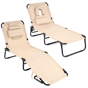 Set of 2 Folding Face Down Tanning Chair with Face Hole 3 Removable Pillows-Beige