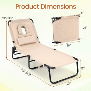 Set of 2 Folding Face Down Tanning Chair with Face Hole 3 Removable Pillows-Beige