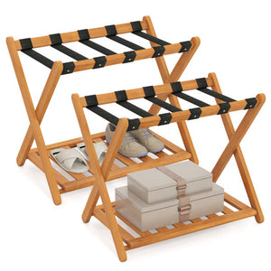 Set of 2 Folding Luggage Racks with 5 Nylon Straps and Slatted Storage Shelf