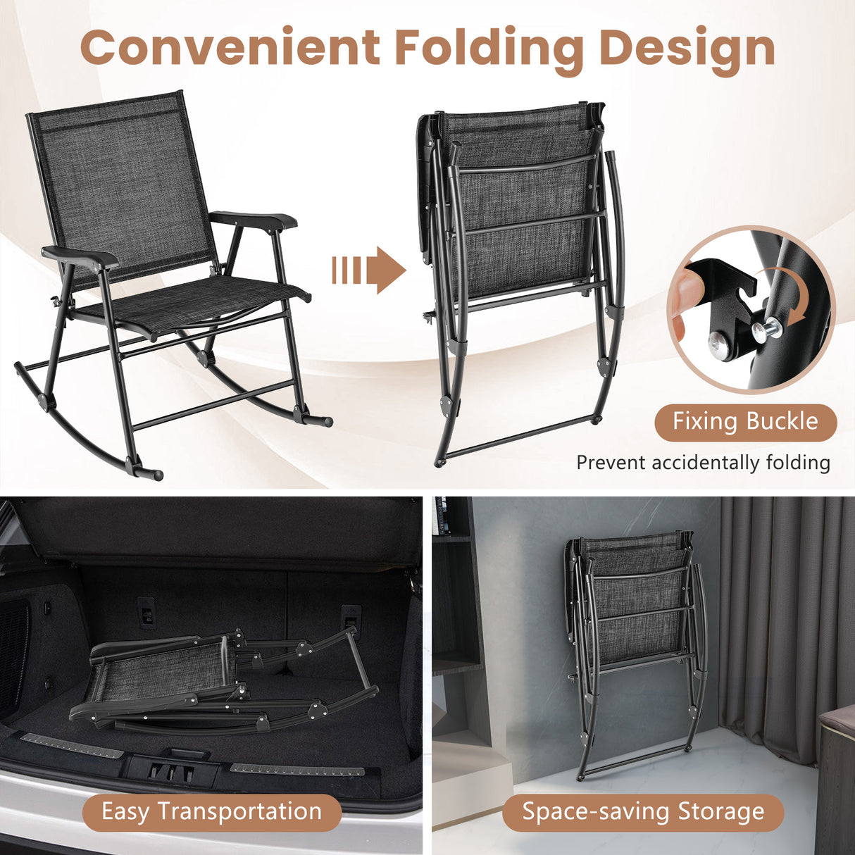 Folding Rocking Chair with Breathable Seat Fabric Set of 2-Black