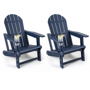 Set of 2 HDPE Adirondack Chair with Cup Holder and Wooden Texture for Patio-Blue