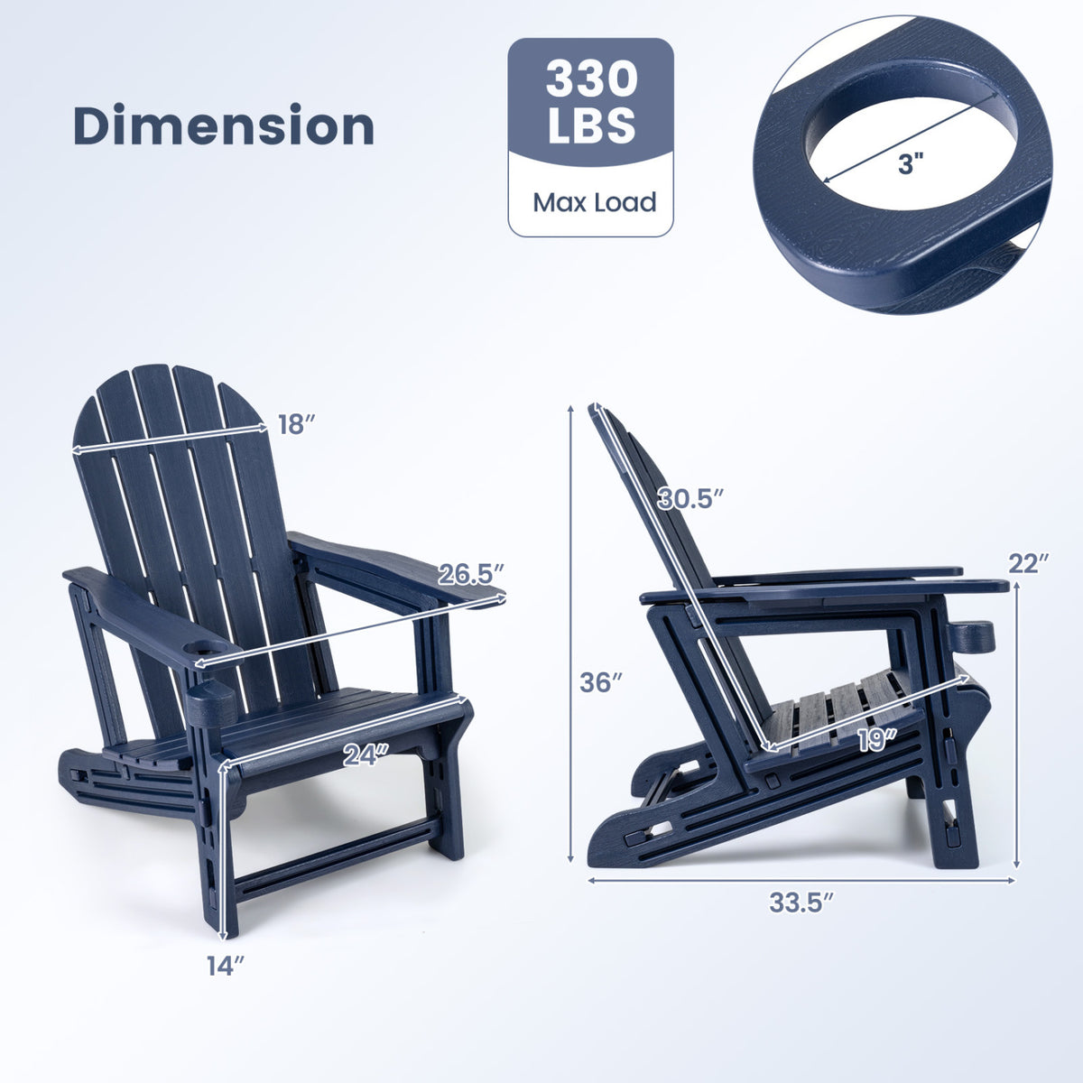Set of 2 HDPE Adirondack Chair with Cup Holder and Wooden Texture for Patio-Blue