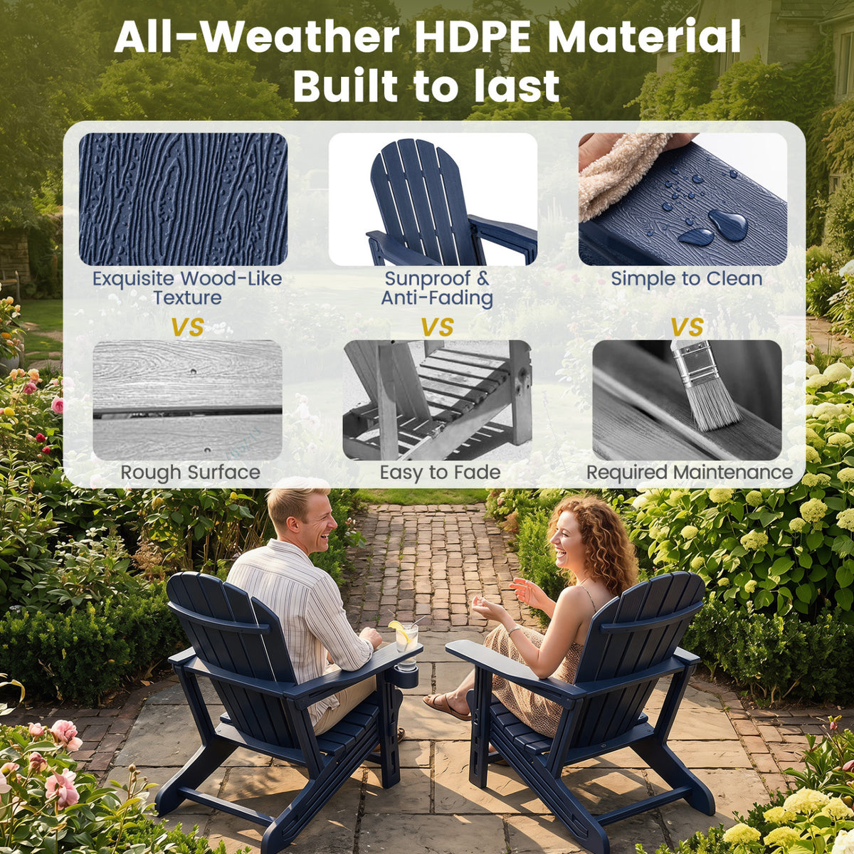 Set of 2 HDPE Adirondack Chair with Cup Holder and Wooden Texture for Patio-Blue
