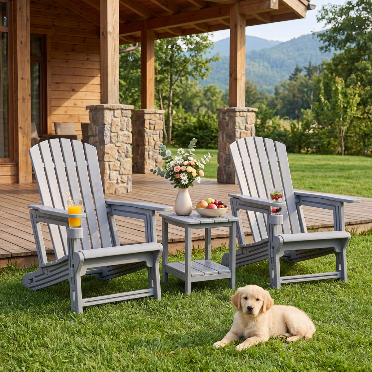 Set of 2 HDPE Adirondack Chair with Cup Holder and Wood-Like Texture  for Garden-Gray