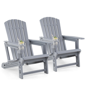 Set of 2 HDPE Adirondack Chair with Cup Holder and Wood-Like Texture  for Garden-Gray