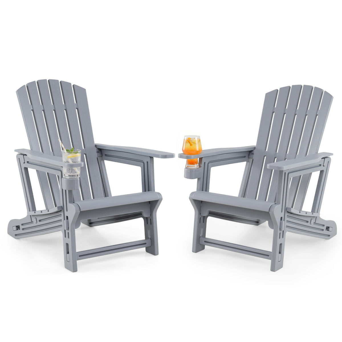 Set of 2 HDPE Adirondack Chair with Cup Holder and Wood-Like Texture  for Garden-Gray