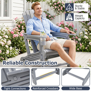Set of 2 HDPE Adirondack Chair with Cup Holder and Wood-Like Texture  for Garden-Gray