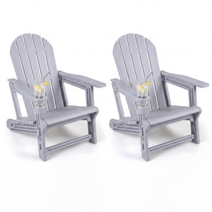 Set of 2 HDPE Adirondack Chair with Cup Holder and Wooden Texture for Patio-Gray