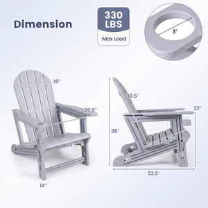 Set of 2 HDPE Adirondack Chair with Cup Holder and Wooden Texture for Patio-Gray