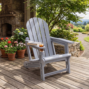 Set of 2 HDPE Adirondack Chair with Cup Holder and Wooden Texture for Patio-Gray