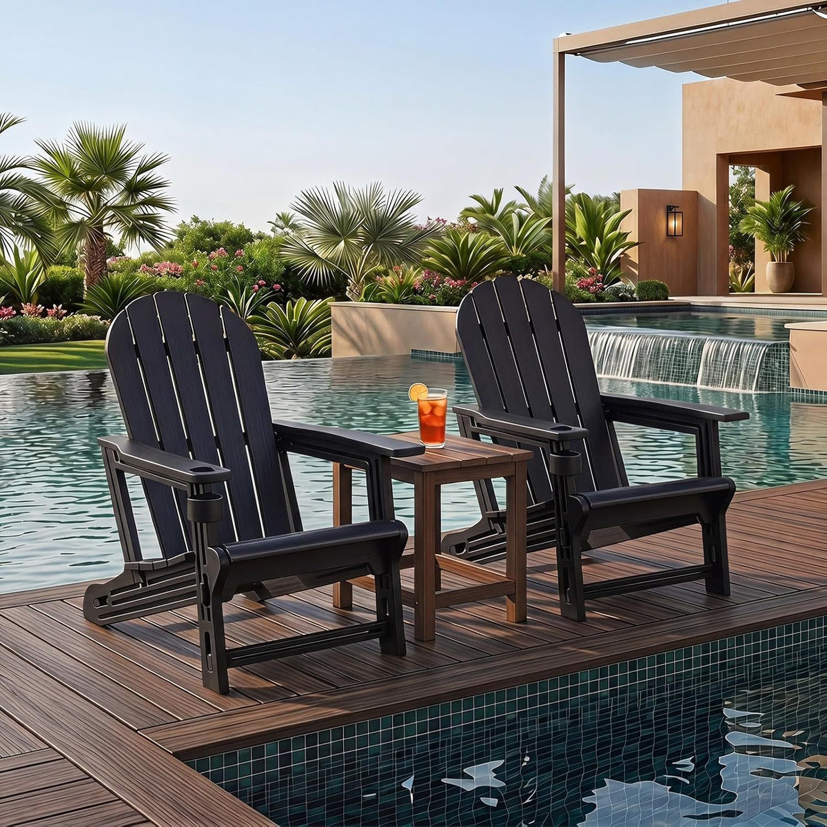 Set of 2 HDPE Adirondack Chair with Cup Holder and Wooden Texture for Patio-Black