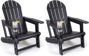 Set of 2 HDPE Adirondack Chair with Cup Holder and Wooden Texture for Patio-Black