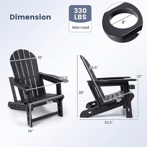 Set of 2 HDPE Adirondack Chair with Cup Holder and Wooden Texture for Patio-Black