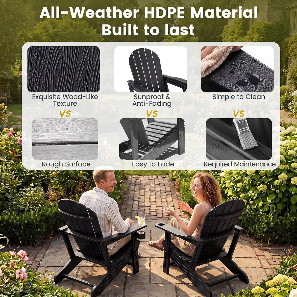 Set of 2 HDPE Adirondack Chair with Cup Holder and Wooden Texture for Patio-Black