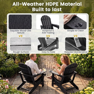 Set of 2 HDPE Adirondack Chair with Cup Holder and Wooden Texture for Patio-Black