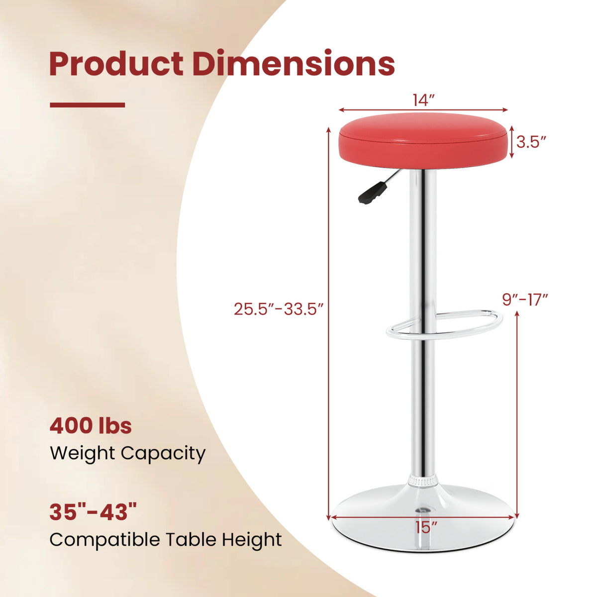 Set of 2 Height-adjustable Swivel Bar Stool with 360Â° Swivel bar stool-Red