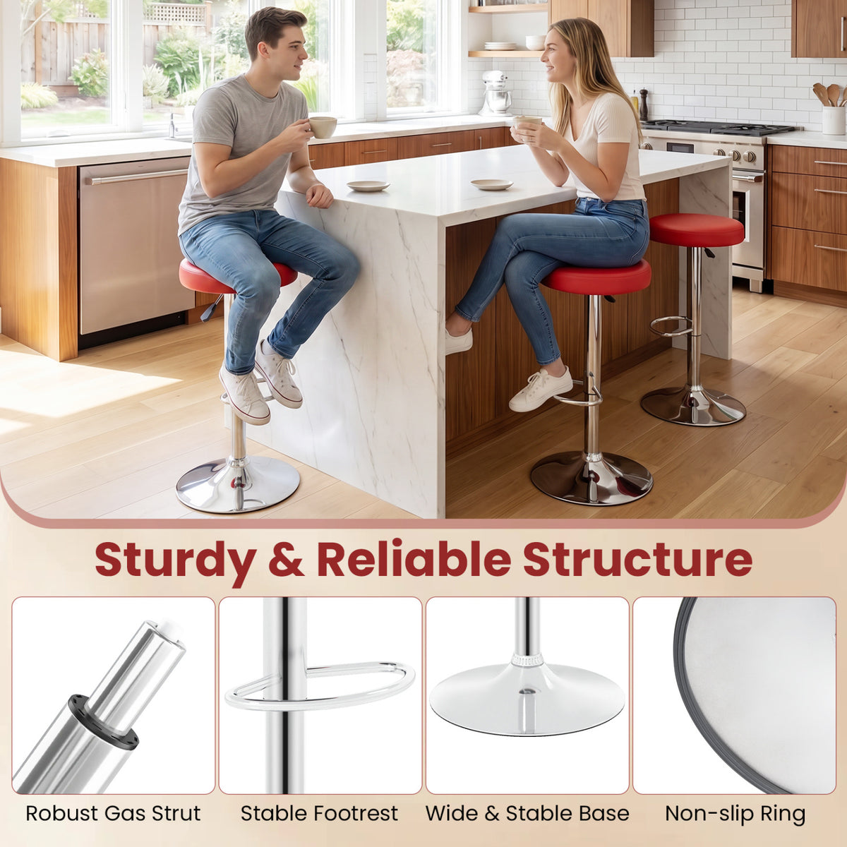 Set of 2 Height-adjustable Swivel Bar Stool with 360Â° Swivel bar stool-Red