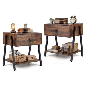 Set of 2 Industrial Nightstand with Adjustable Foot Pads for Bedroom-Rustic Brown