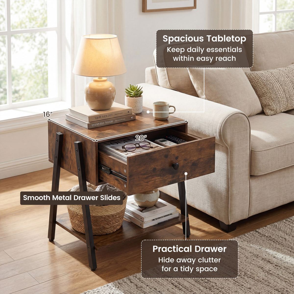 Set of 2 Industrial Nightstand with Adjustable Foot Pads for Bedroom-Rustic Brown