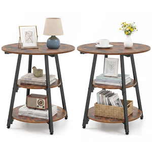 Set of 2 Industrial Side Tables with 3-Tier Shelves & Metal Frame for Small Space-Rustic Brown