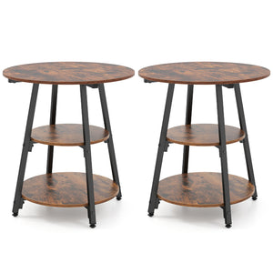 Set of 2 Industrial Side Tables with 3-Tier Shelves & Metal Frame for Small Space-Rustic Brown