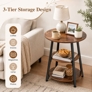 Set of 2 Industrial Side Tables with 3-Tier Shelves & Metal Frame for Small Space-Rustic Brown