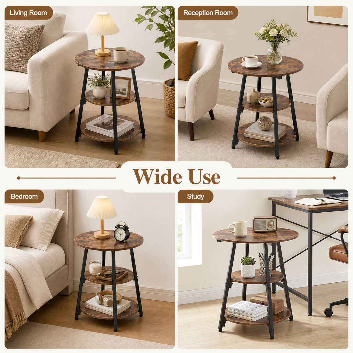 Set of 2 Industrial Side Tables with 3-Tier Shelves & Metal Frame for Small Space-Rustic Brown