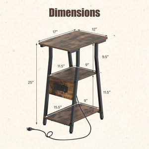 Set of 2 Industrial Side Tables with Charging Station & 3-Tier Shelves for Small Space-Rustic Brown