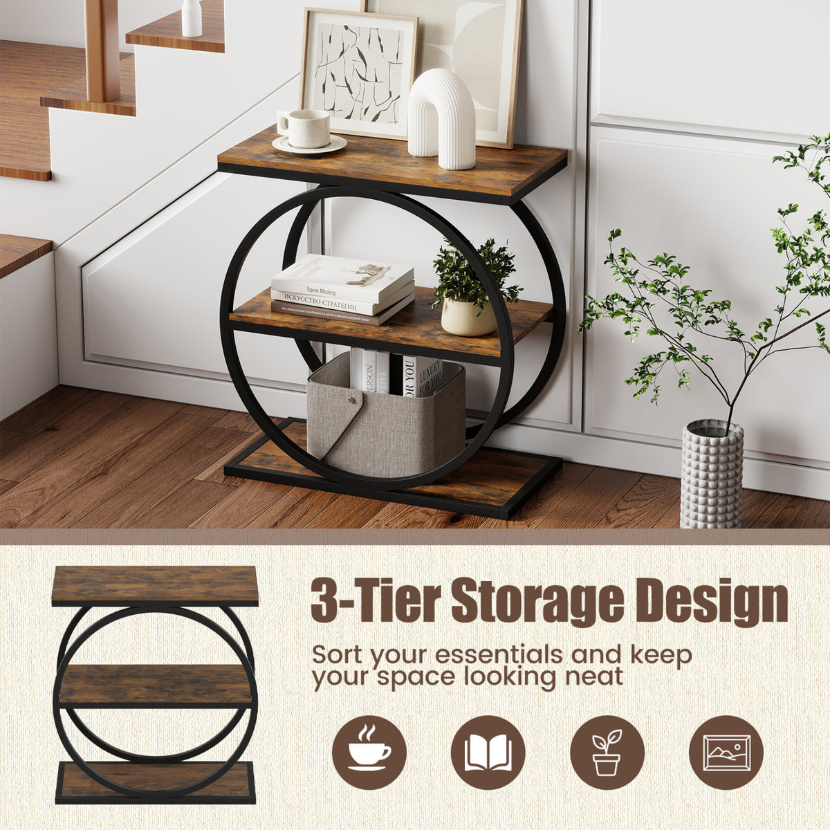 Set of 2 Industrial Faux Marble Side Table with Metal Frame for Small Spaces-Rustic Brown