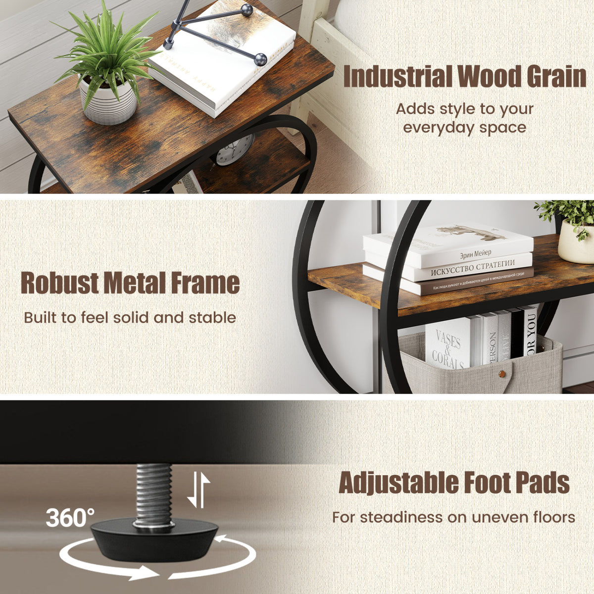 Set of 2 Industrial Faux Marble Side Table with Metal Frame for Small Spaces-Rustic Brown