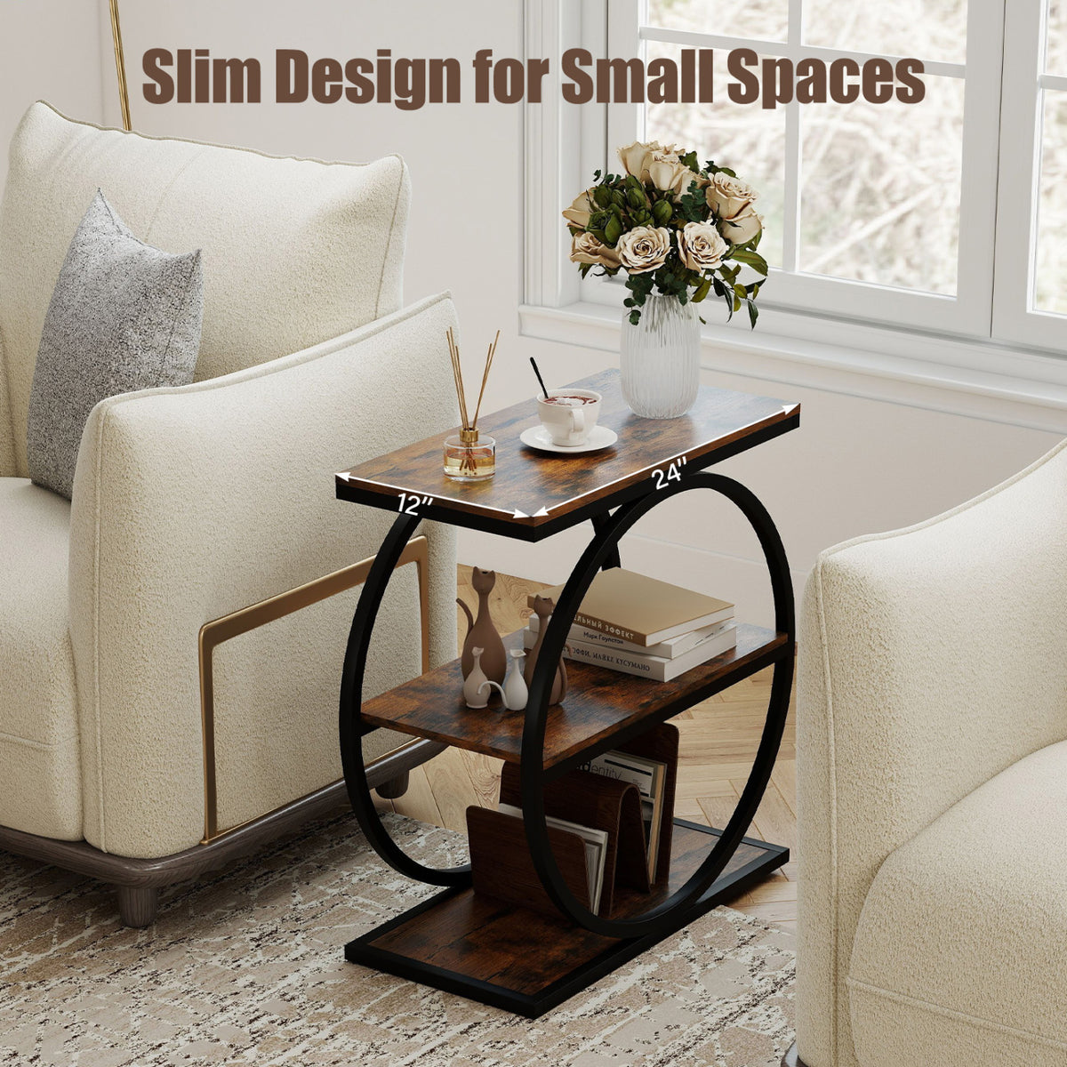 Set of 2 Industrial Faux Marble Side Table with Metal Frame for Small Spaces-Rustic Brown