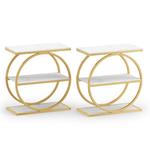 Set of 2 Industrial Faux Marble Side Table with Metal Frame for Small Spaces-White