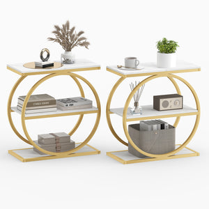 Set of 2 Industrial Faux Marble Side Table with Metal Frame for Small Spaces-White