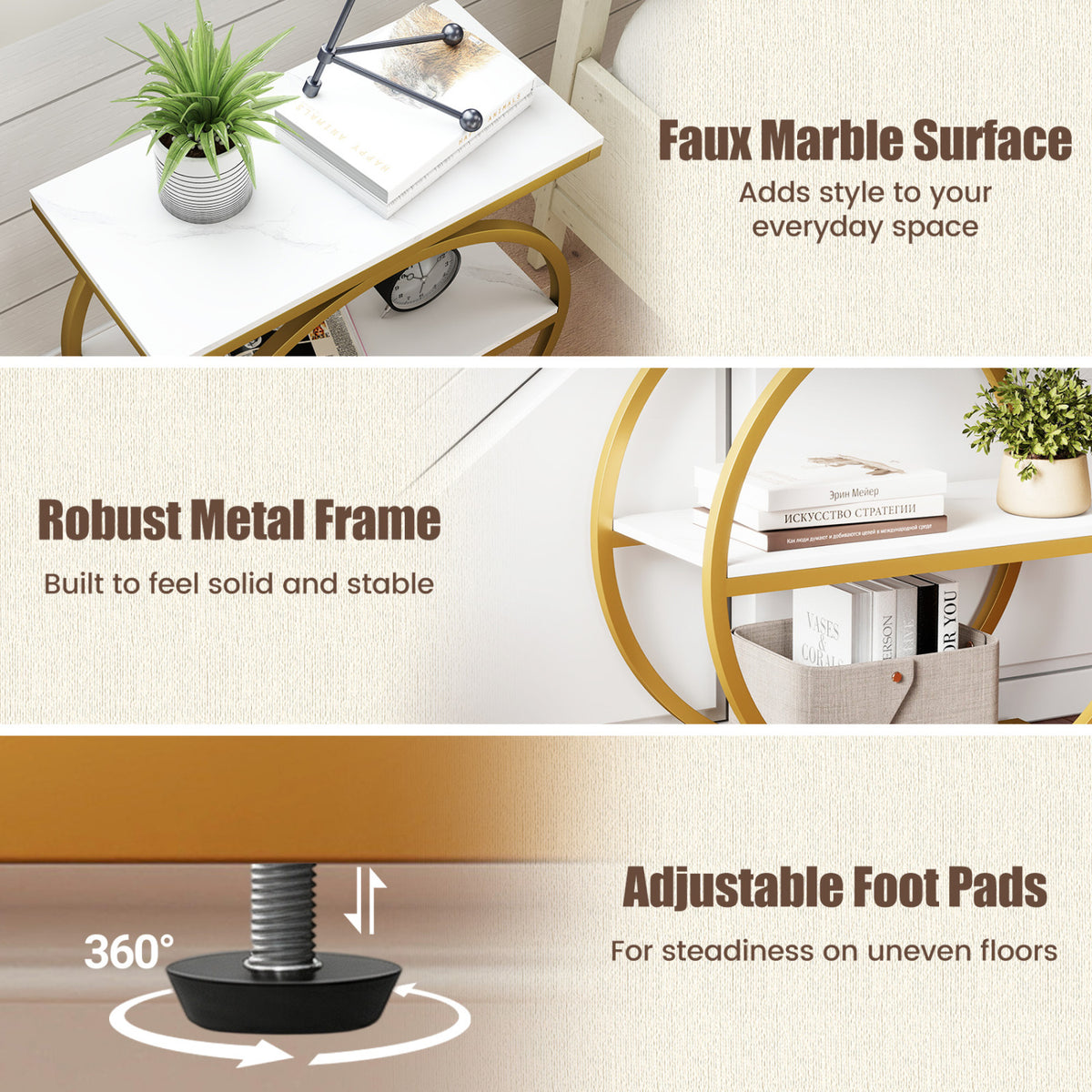 Set of 2 Industrial Faux Marble Side Table with Metal Frame for Small Spaces-White