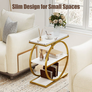 Set of 2 Industrial Faux Marble Side Table with Metal Frame for Small Spaces-White