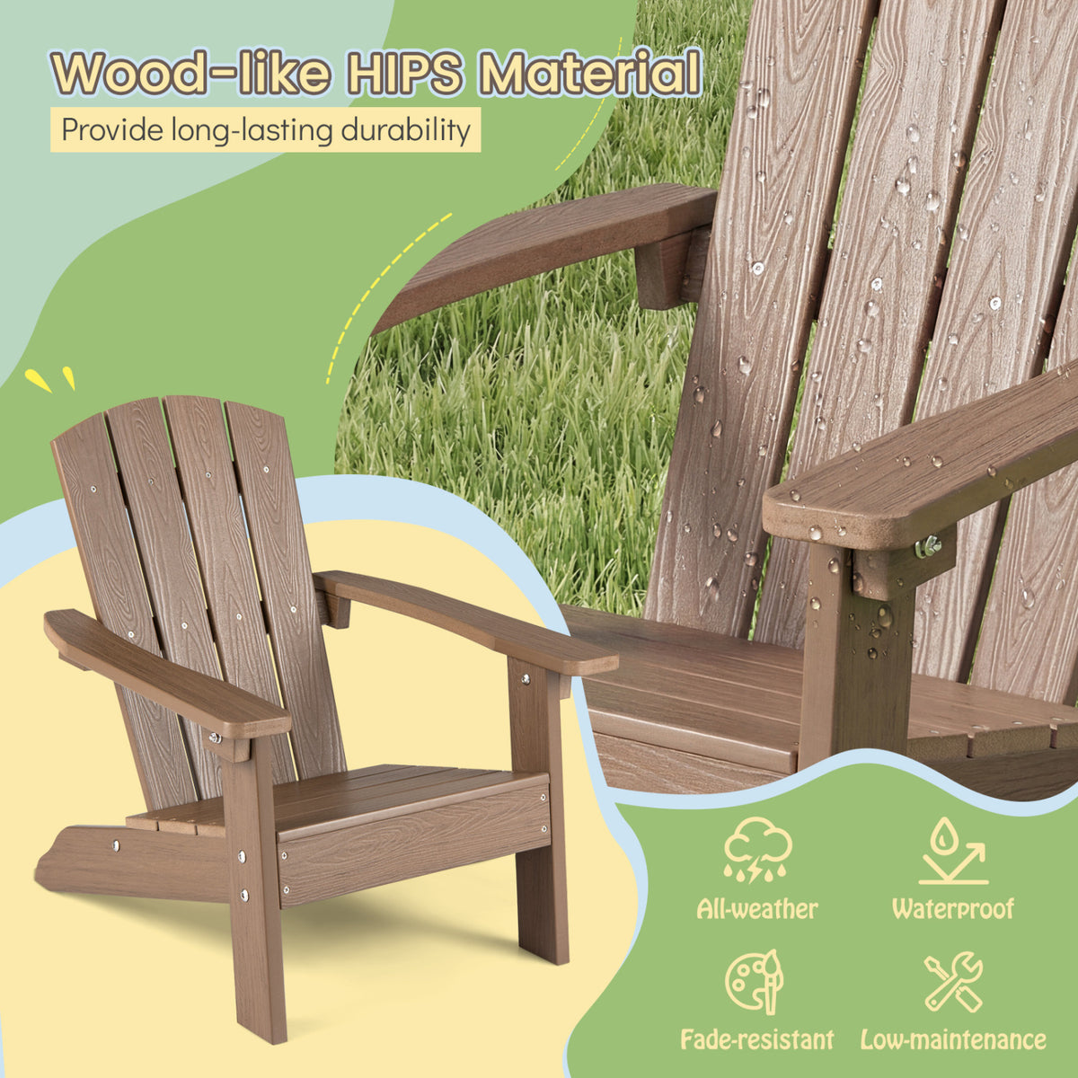 Set of 2 Kid's Adirondack Chair with with High Backrest and Armrests-Brown