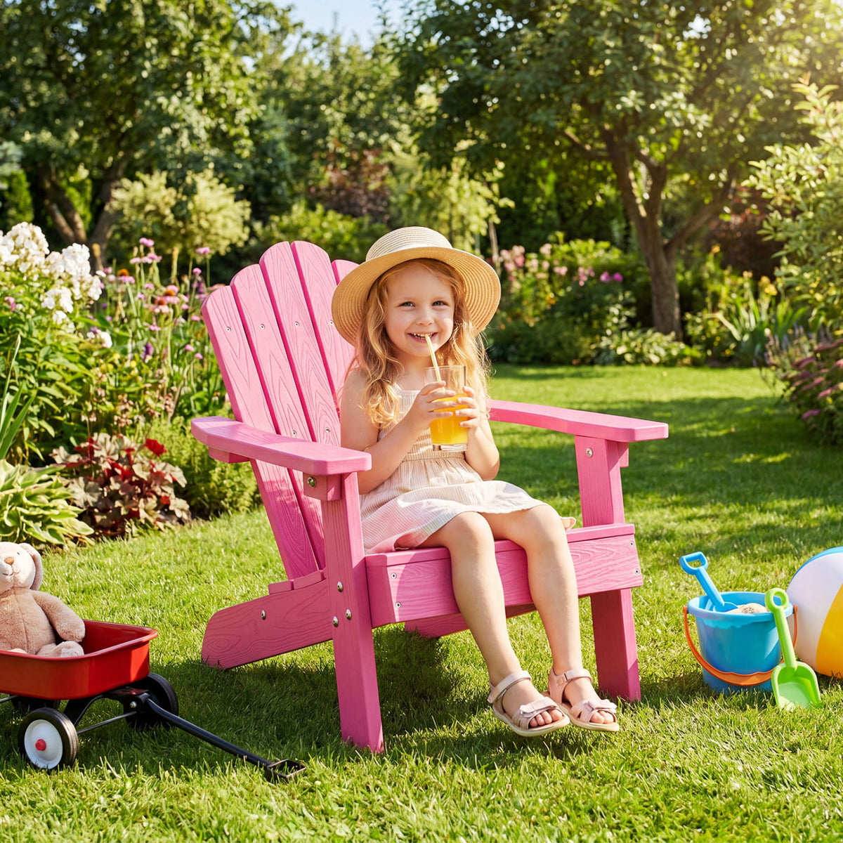 Set of 2 Kids Adirondack Chairs All-weather Outdoor Chairs for Children with Tilted High Backrest-Pink