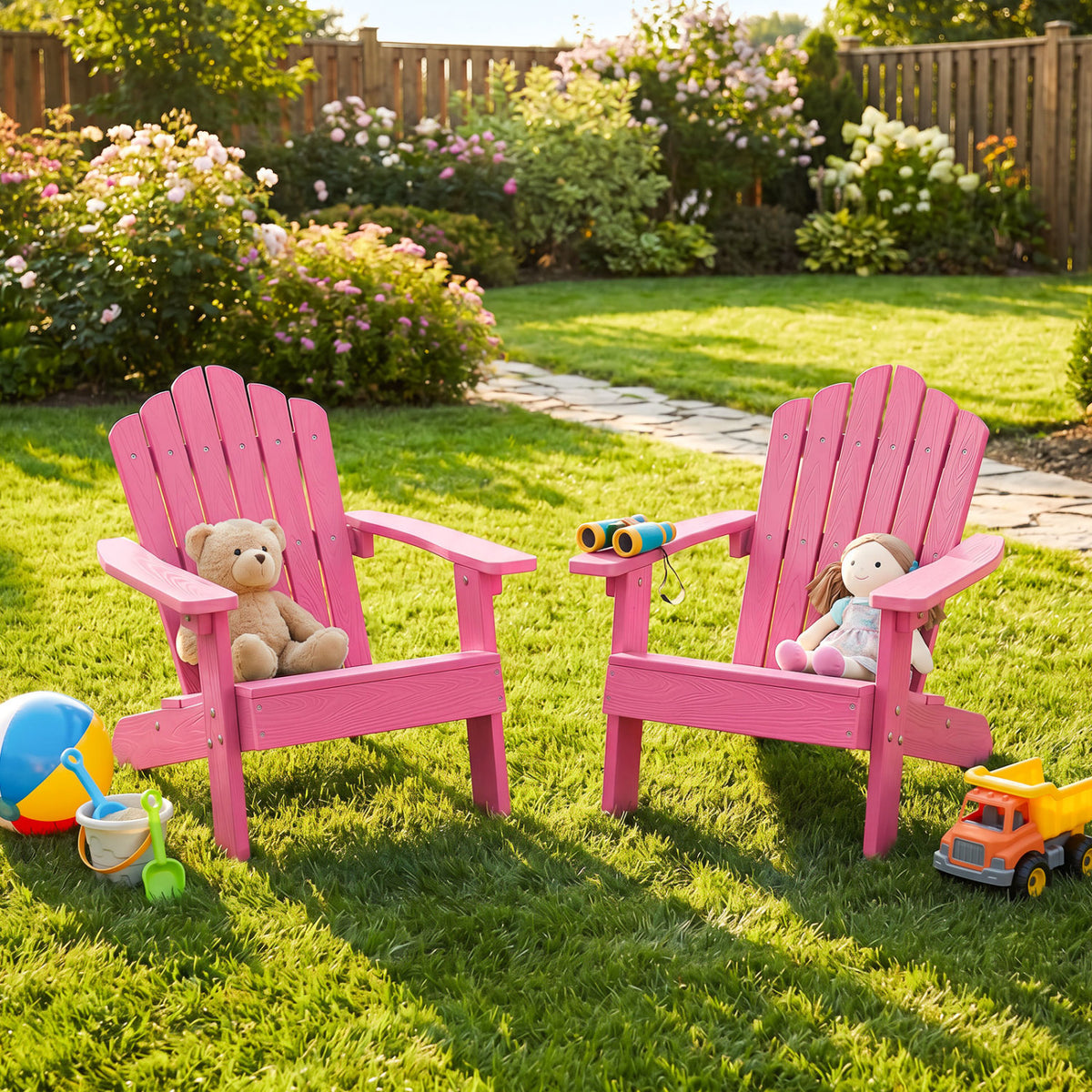 Set of 2 Kids Adirondack Chairs All-weather Outdoor Chairs for Children with Tilted High Backrest-Pink