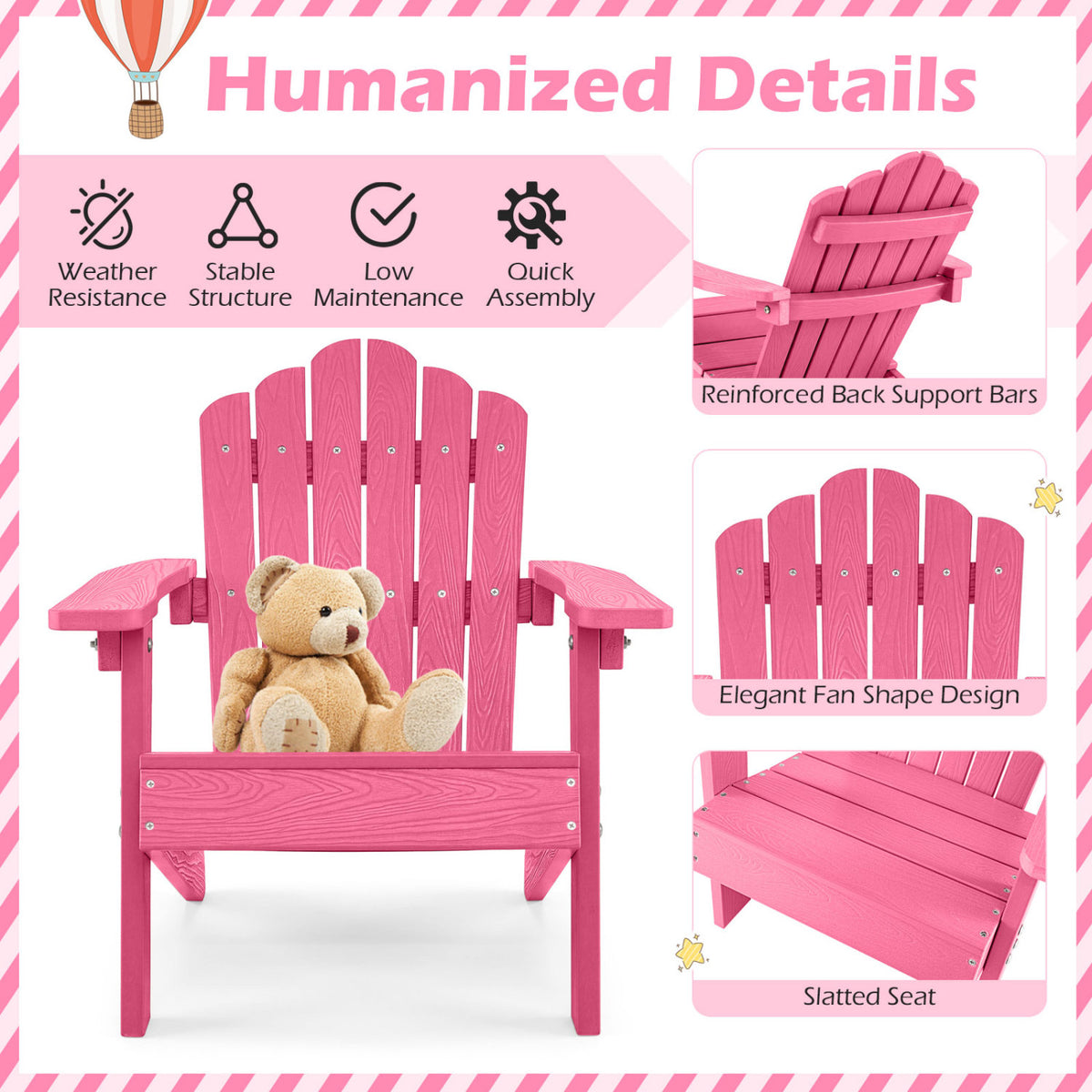 Set of 2 Kids Adirondack Chairs All-weather Outdoor Chairs for Children with Tilted High Backrest-Pink