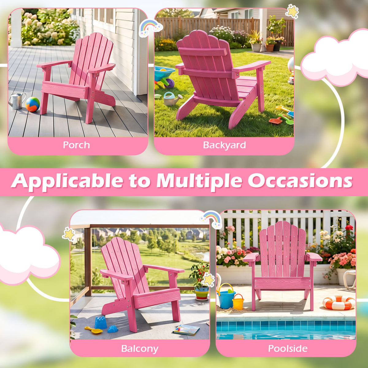 Set of 2 Kids Adirondack Chairs All-weather Outdoor Chairs for Children with Tilted High Backrest-Pink