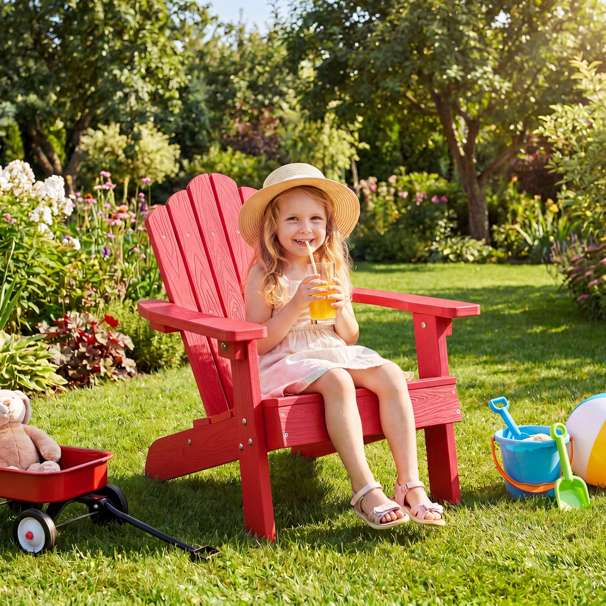 Set of 2 Kids Adirondack Chairs All-weather Outdoor Chairs for Children with Tilted High Backrest-Red