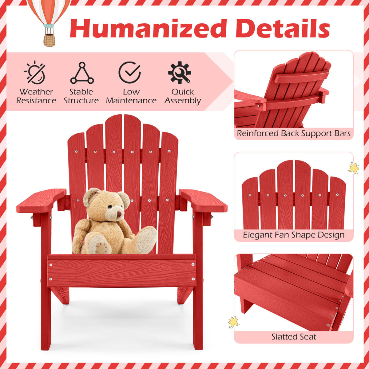 Set of 2 Kids Adirondack Chairs All-weather Outdoor Chairs for Children with Tilted High Backrest-Red