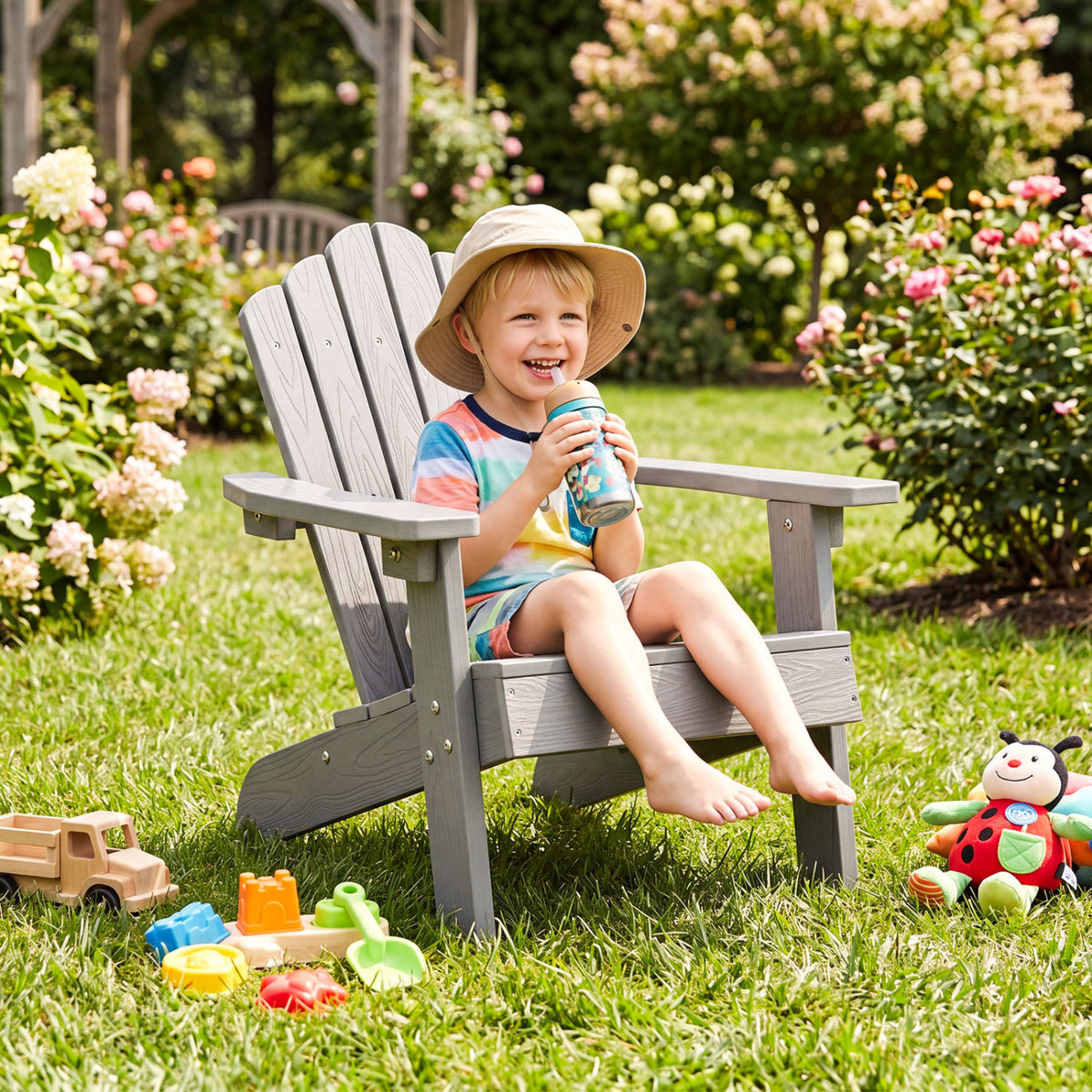 Set of 2 Kids Adirondack Chairs All-weather Outdoor Chairs for Children with Tilted High Backrest-Grey