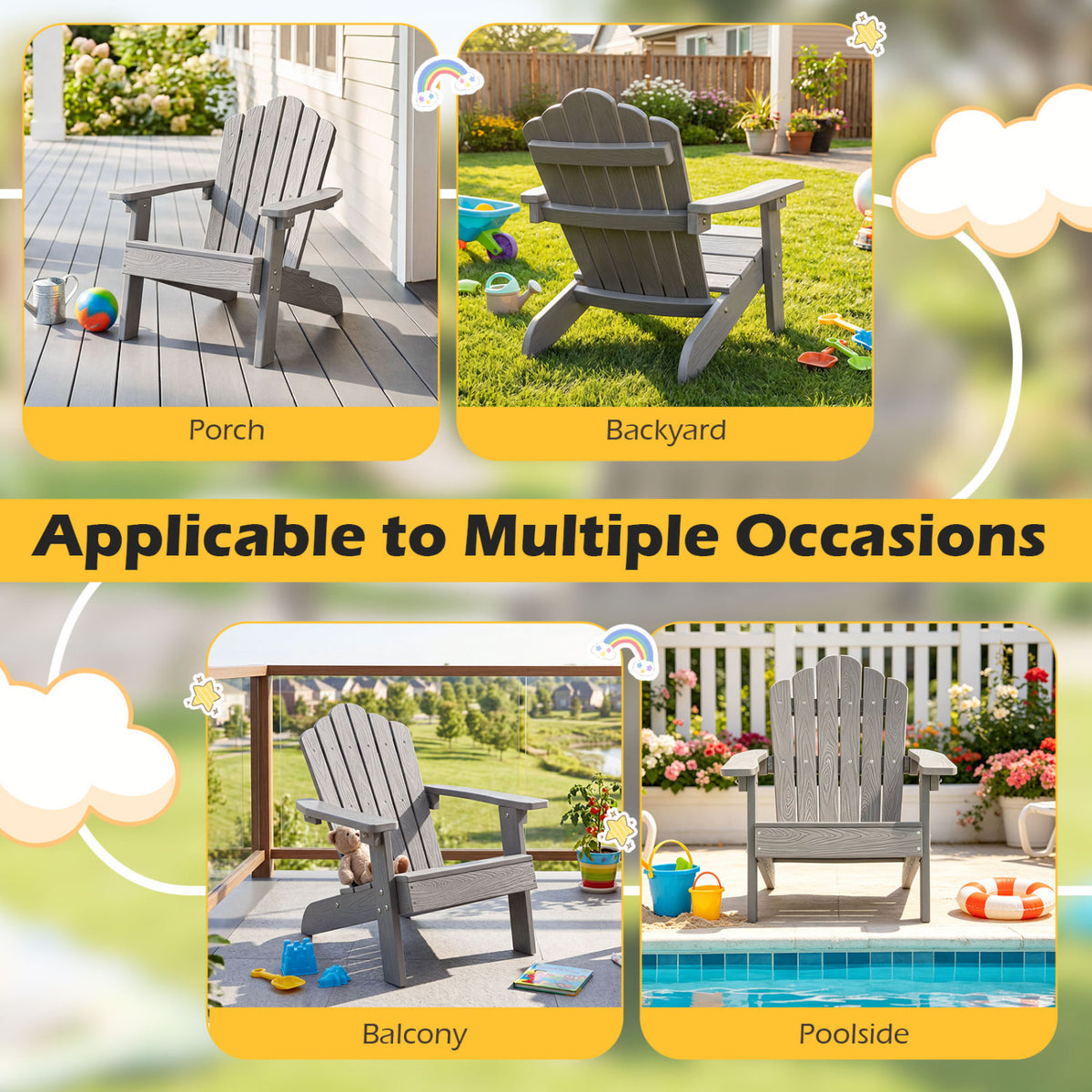 Set of 2 Kids Adirondack Chairs All-weather Outdoor Chairs for Children with Tilted High Backrest-Grey