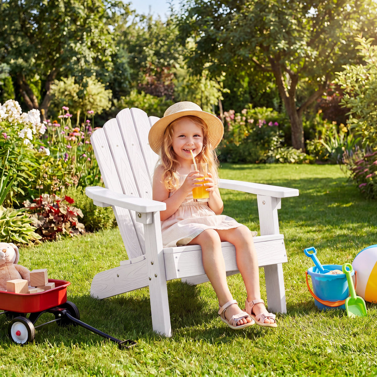 Set of 2 Kids Adirondack Chairs All-weather Outdoor Chairs for Children with Tilted High Backrest-White