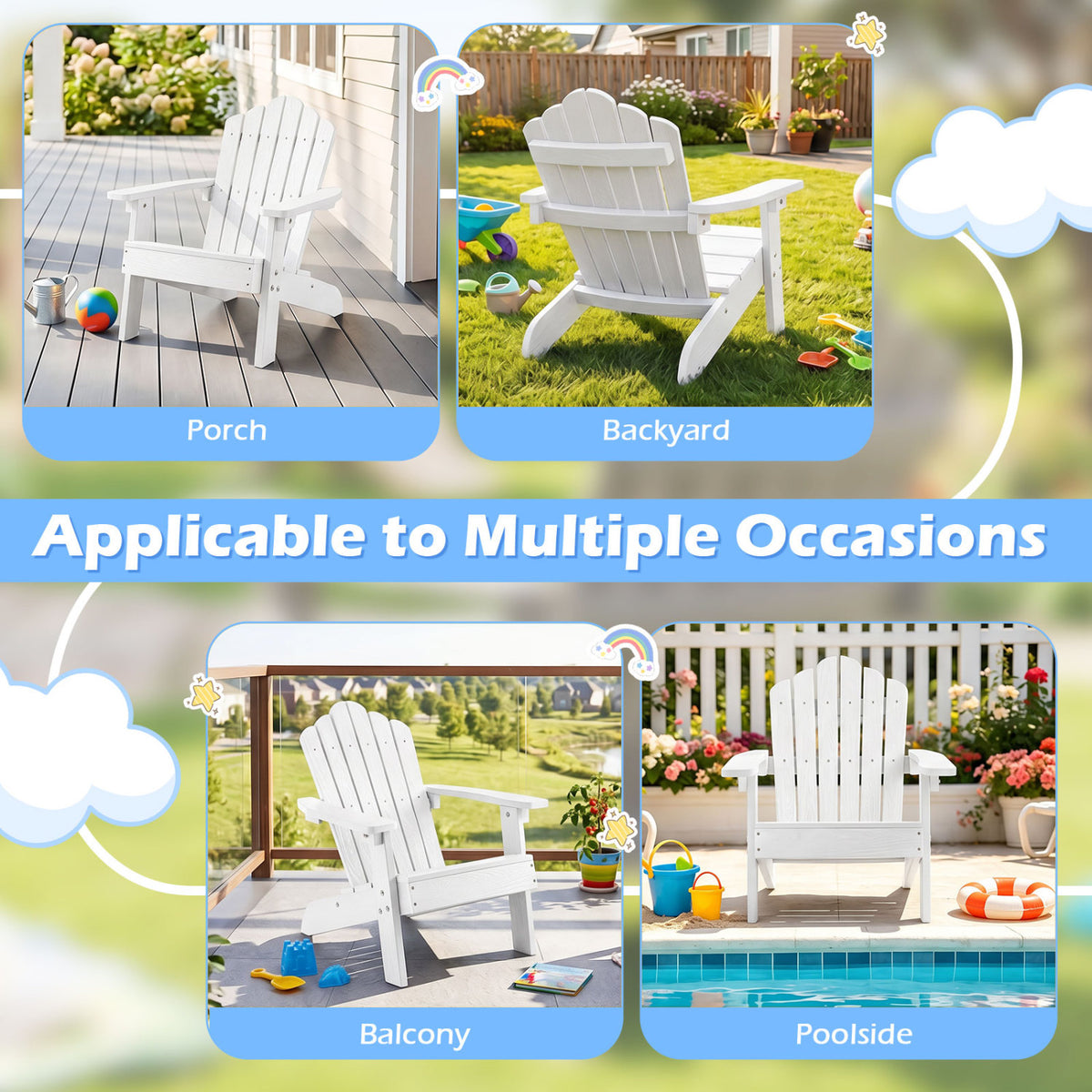 Set of 2 Kids Adirondack Chairs All-weather Outdoor Chairs for Children with Tilted High Backrest-White