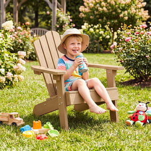 Set of 2 Kids Adirondack Chairs All-weather Outdoor Chairs for Children with Tilted High Backrest-Brown
