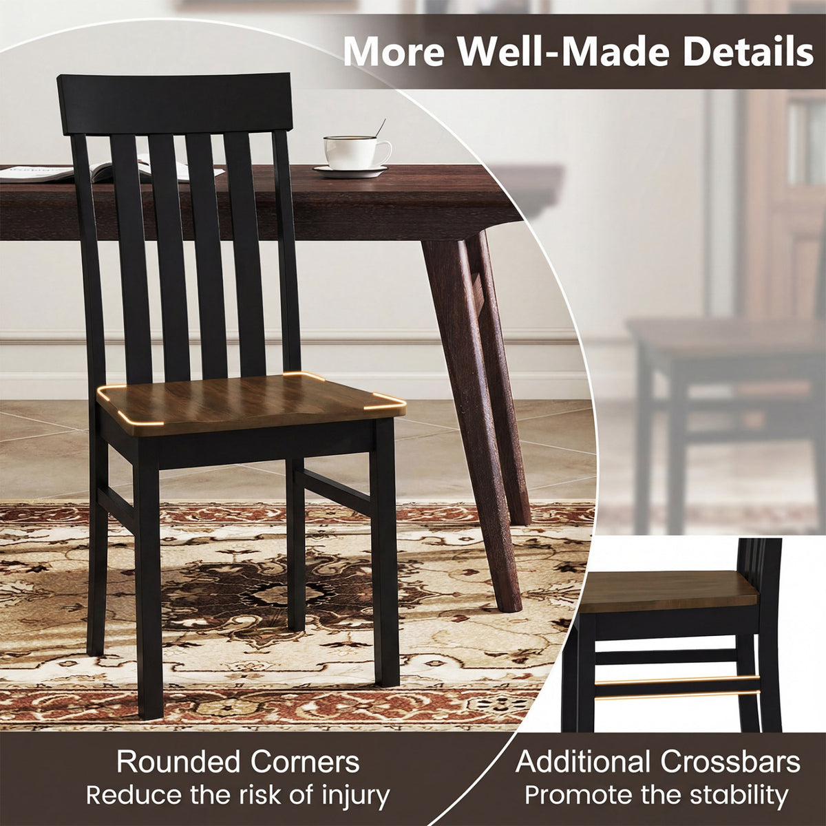 Set of 2 Kitchen Armless Dining Chairs with Slatted High Backrests-Black